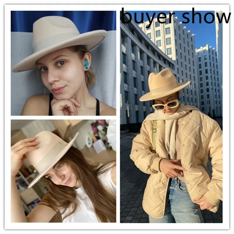 Fedora Hat Women Winter Hats for Women Ribbon Band Men's Hat Wide Brim Classic Beige Wedding Church Bowler New Cap chapeau femme 2