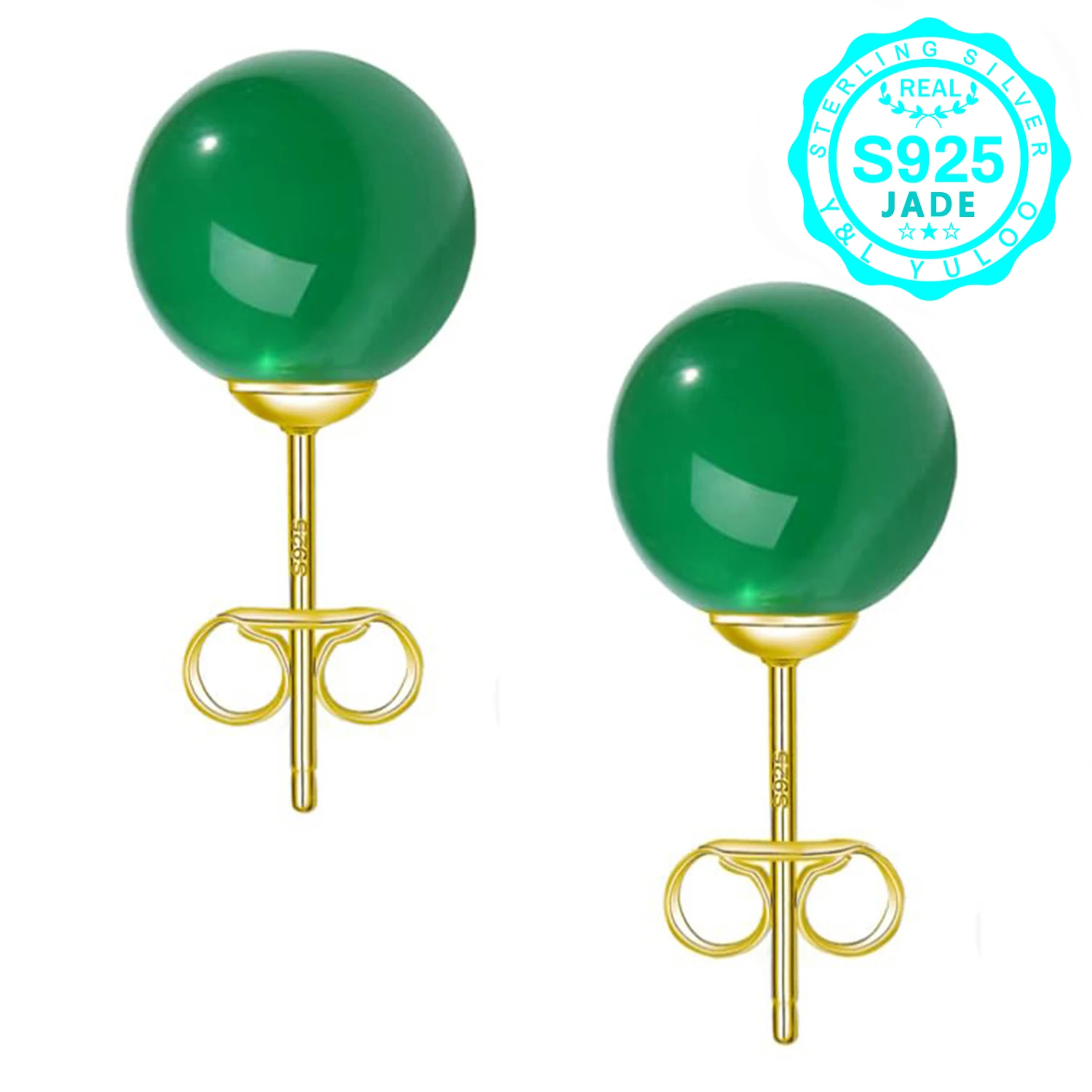 Natural green jade stone round 925 sterling silver earrings, simple and fashionable
