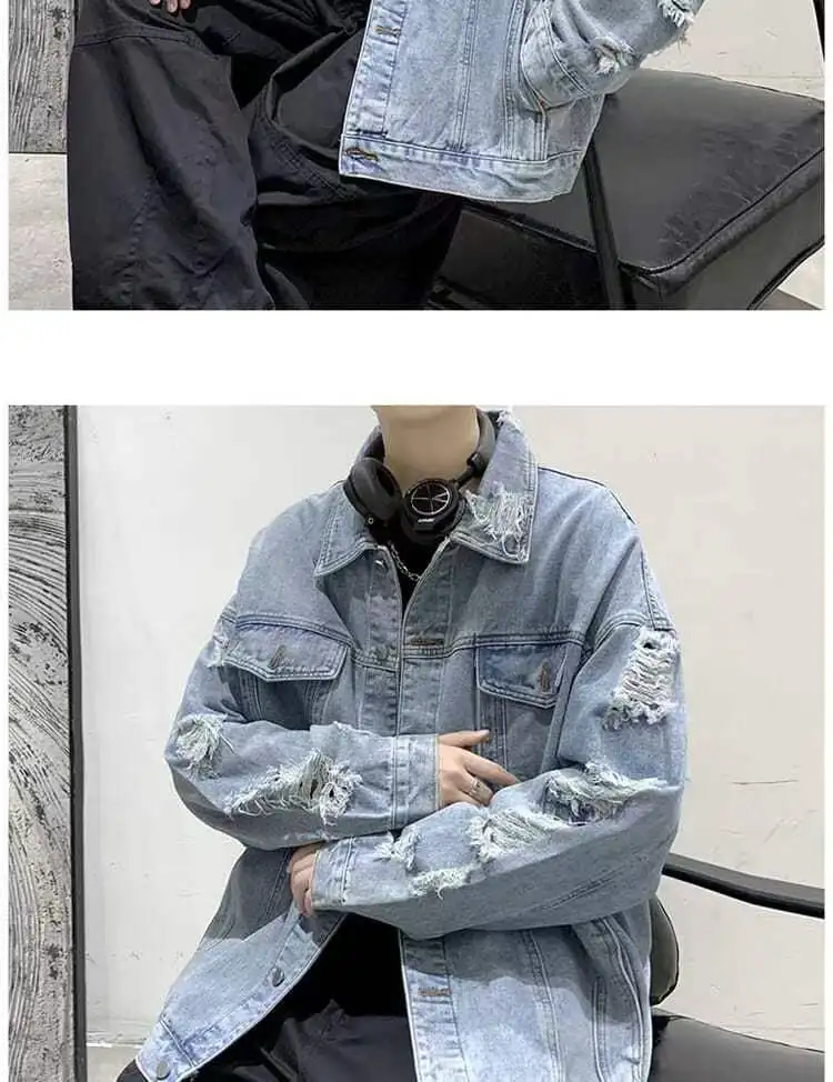 Spring Autumn Ripped Denim Jackets Men's Causal Loose Oversize Handsome High Street Overcoat Men Tops Male Clothes