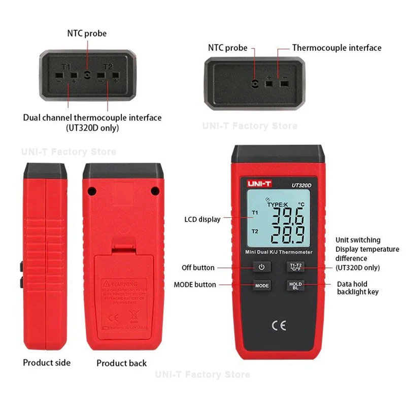 UNI-T UT320A UT320D 디지털 온도계 미니 듀얼 K/J 타입 열전대 온도계 -50 ℃   1300까지 ℃   고온 시험기 메테