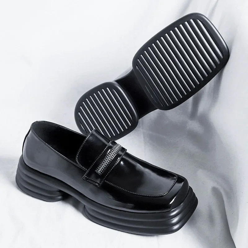 

Men Zipper Patent Leather Increase Loafers Shoe Japan Korean Streetwear Fashion Thick Sole Platform Vintage Style Leather Shoes