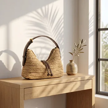Borsa Hobo da Donna in Paglia Intrecciata, Borsa a Spalla Estiva da Spiaggia in Rafia, Borsa a Tracolla Casual con Cinghia in Pelle, Borsa a Mano Bohemien Retrò per Vacanze