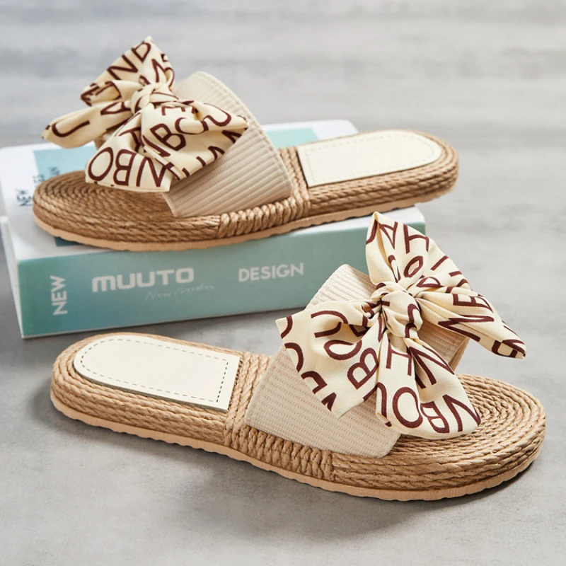 Female Summer Slippers Artificial Straw Sole Shoes Lady Indoor Flat with Flip Flops Stitching Floral Women |
