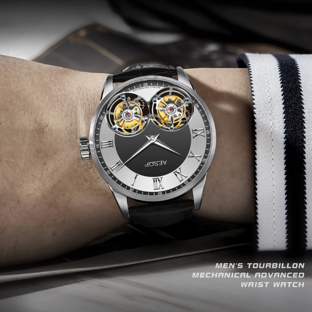 Aesop Men's Double Tourbillon Watch Hand Winding Movement Sapphire Business Fashion Male Mechanical Wristwatches Waterproof