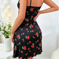 Nuisette en satin imprimé cerises sexy pour femme, mini-robe d'été à fines bretelles, vêtement de nuit doux, lingerie, robe de chambre, tenue décontractée 3