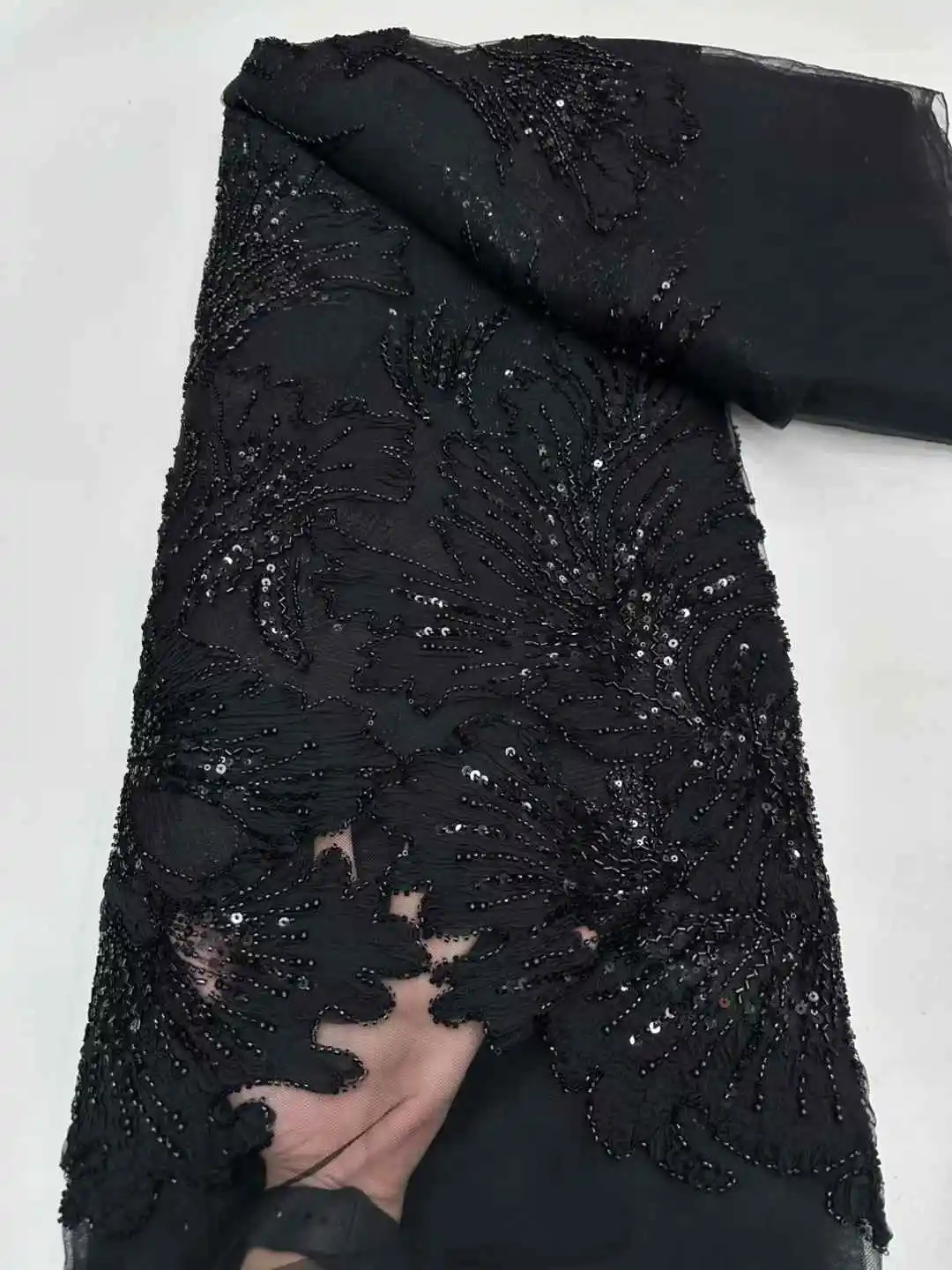Luxury Handmade Embroidery Sequins Beaded Lace African Sequins Lace Fabric for Wedding Sewing
