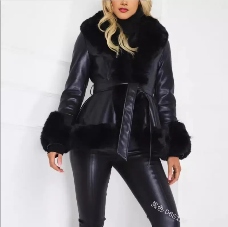 2025 Women's Casual Warm imitation Rabbit Hair Patchwork Leather Jacket Fashion Lapel Long Sleeve Belt Short Coat Winter New - Image 10