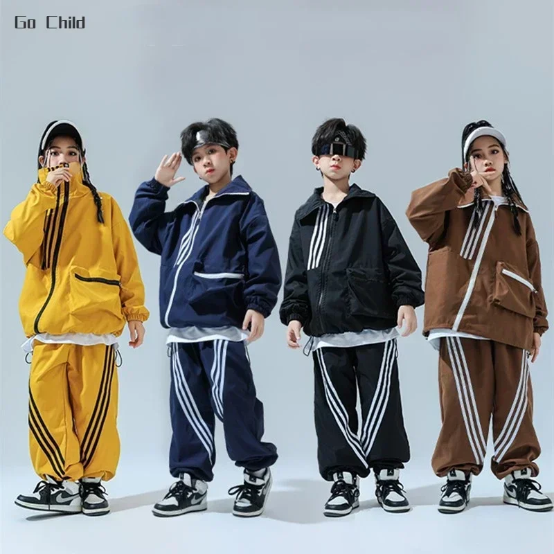 Hip Hop Girl High Collar Bomber Jacket Cargo Sport Pants Boy Street Dance Coat Streetwear Kids Jazz Outfits Child School Uniform hip hop kids outfit