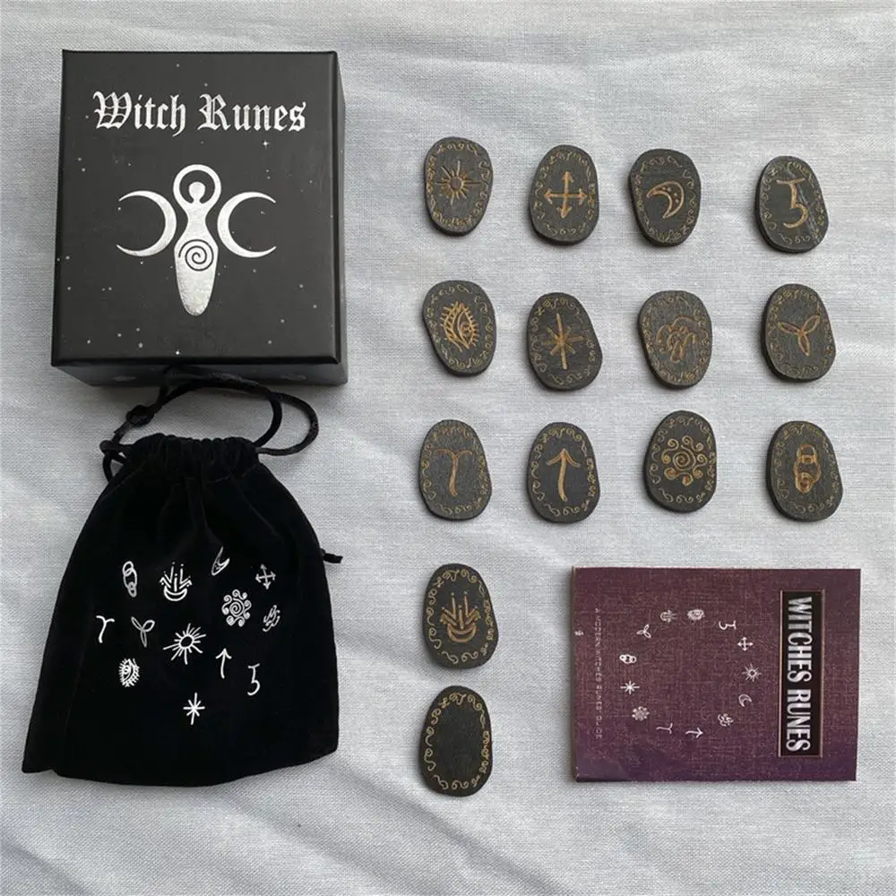 Rune Stones Set With Runes Book Witches Rune Set 14 Pieces Engraved Lettering Symbol For Meditation Props Board Game Family
