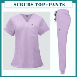Multicolour Short Sleeve V-neck Jogger Scrubs Set with Pocket Pants - M  165-171 65-75kg (42118-Purple)