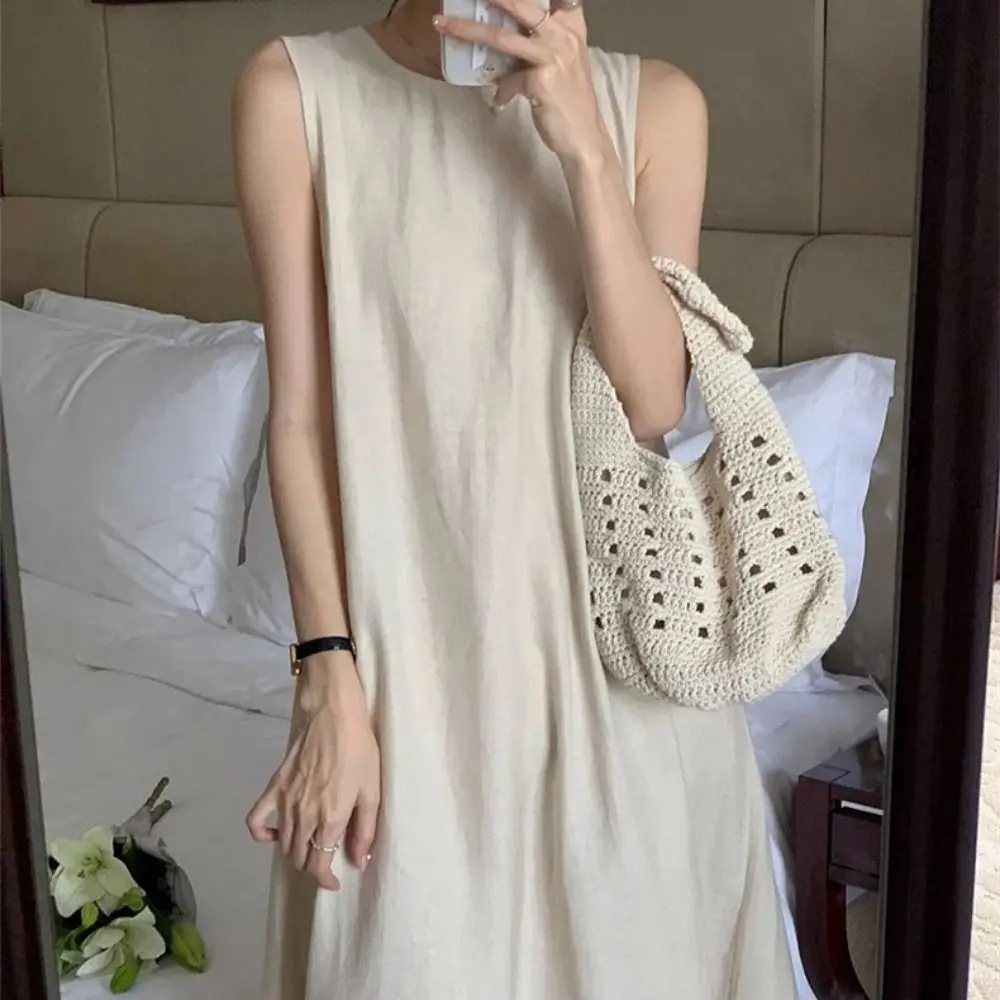 Fashion Solid Summer Sleeveless Dress Round Neck Hollowed Out Vocation Vest Dresses Simple Beachwear Open Back Long Dress Teens