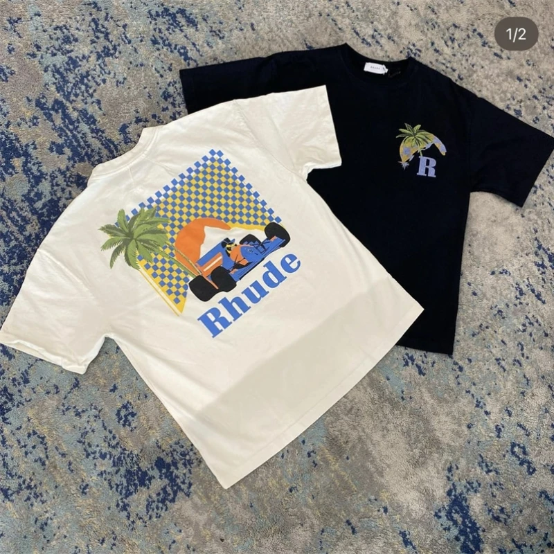 

High Quality Rhude Summer Coconut Racing Print Logo 1:1 Short Sleeve T-Shirt Cotton Crew Neck Mens Womens Casual Tops