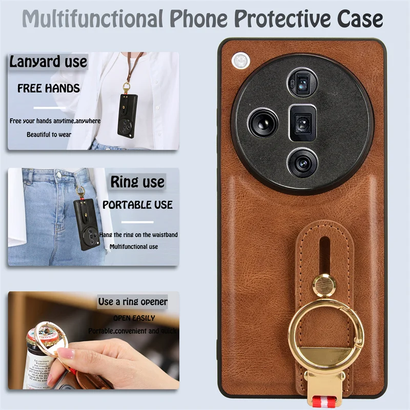 Per Oppo Find X7 Luxury Pu Leather Cover Wristband Hand Strap Kickstand Anello In Metallo Per Oppo Find X7 X7 Custodia Per Telefono
