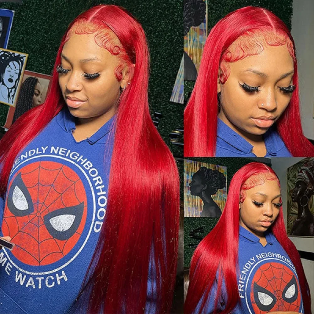 13x6 13x4 Lace Frontal Human Hair Wigs Preplucked Burgundy Colored Brazilian Red Wig