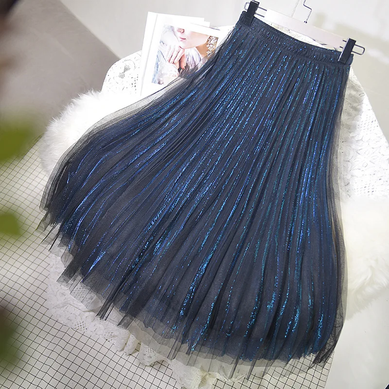 Women Korean Style Sequin Tulle A-line Skirt Vintage Elastic Waist Party Midi Mesh Skirt women evening party sequin dress