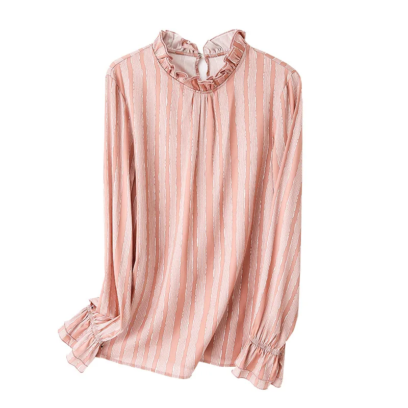 

High End Real Silk Women Shirts Korean Women Long Sleeved Elegant Striped Blouses and Shirts Tops