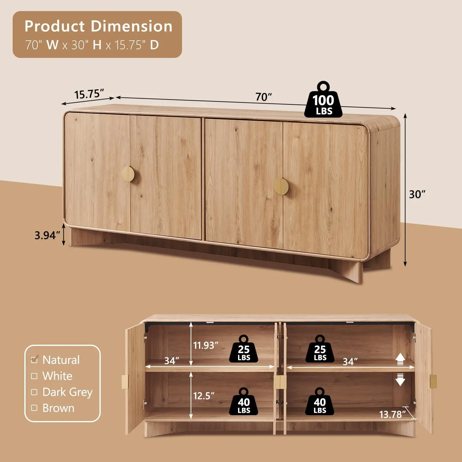 Modern Buffet Cabinet with Storage, 70" Large Sideboard Buffet Storage Cabinet with 4 Doors and Adjustable Shleves, Wooden Curve