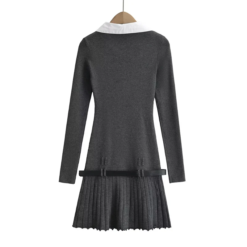 Korean Fashion Knitted Short Dresses for Women Autumn New Patchwork Long Sleeve Pleated A-line Y2K Sexy Party Dress with Belt