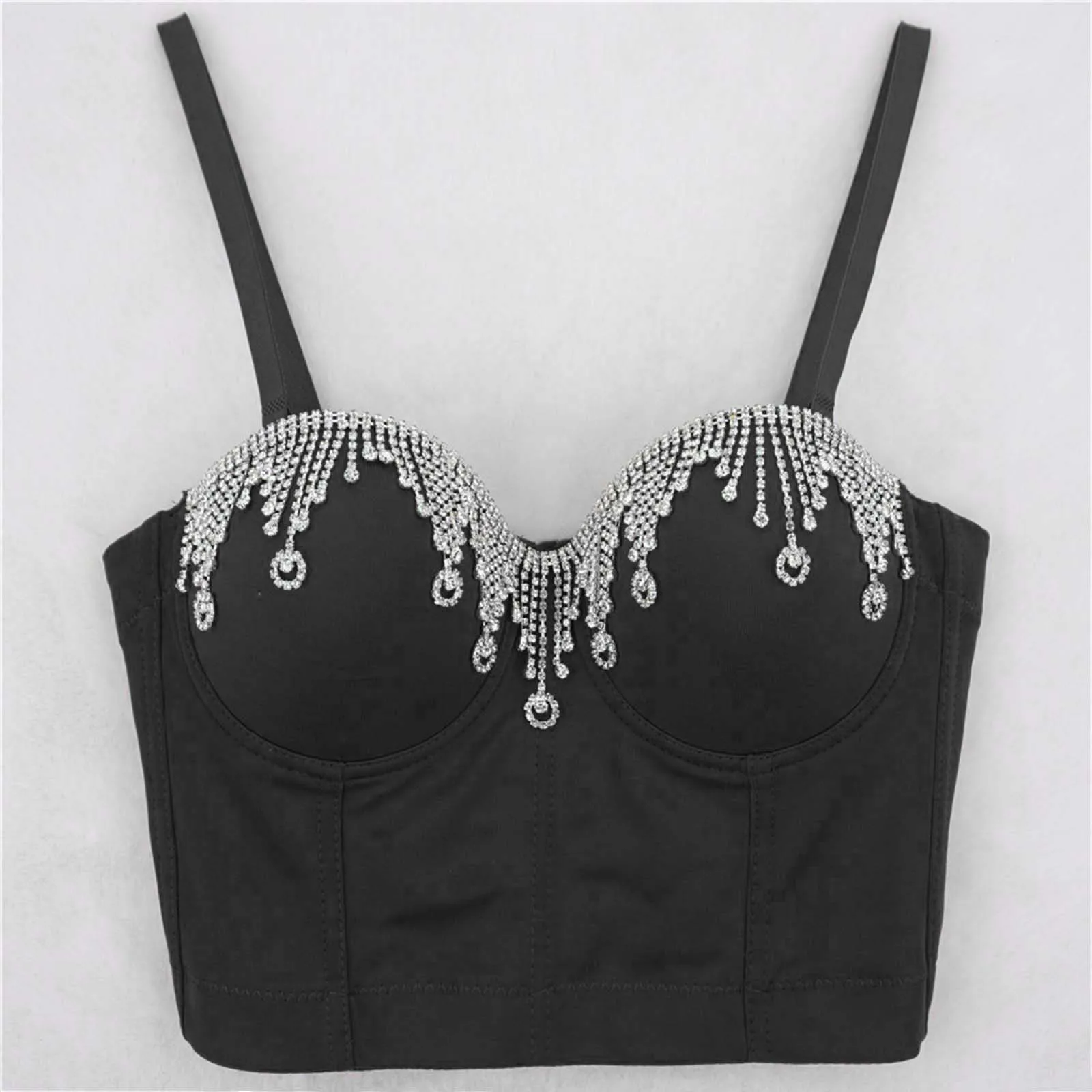 Rhinestone Fringe Chain Corset Bustier Crop Top Denim Bralette Padded Bra  Party