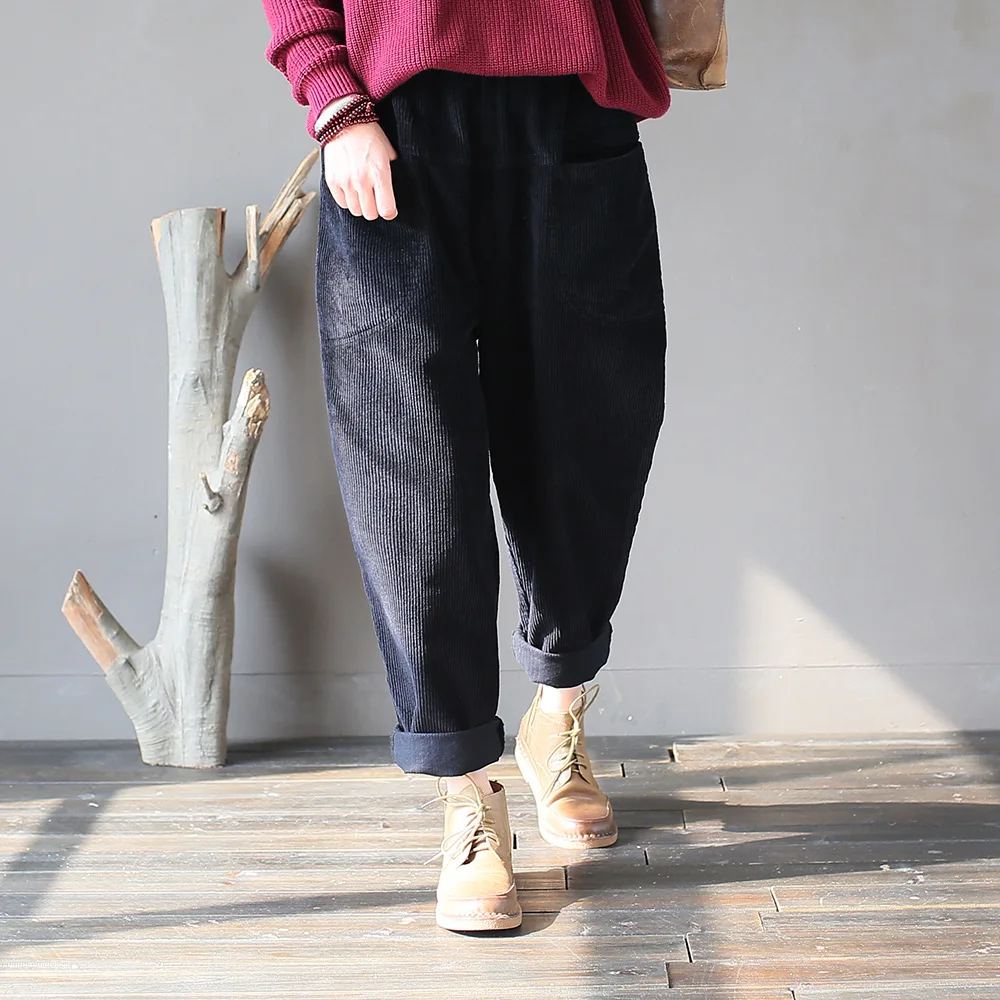 2022 Spring New Corduroy Pants Vintage Women Trouser Pockets Elastic Waist Warm Loose Vintage Pants RV710 crop pants for women Pants & Capris