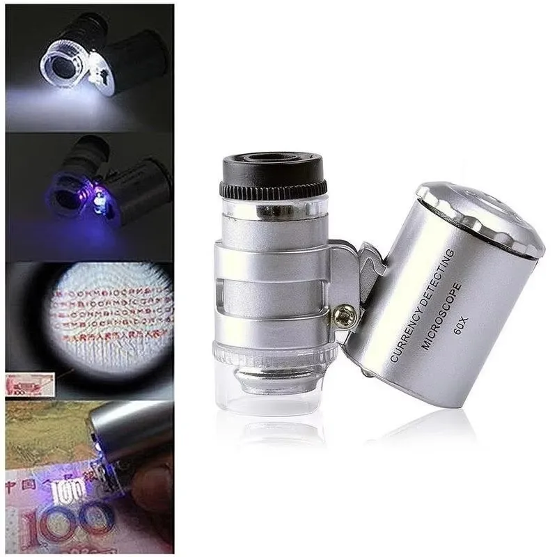 Mini 60X Microscope LED Jewelry Loupe UV Currency Detector Portable Magnifier Magnifying Eye Lens Magnifying Glass Loupe
