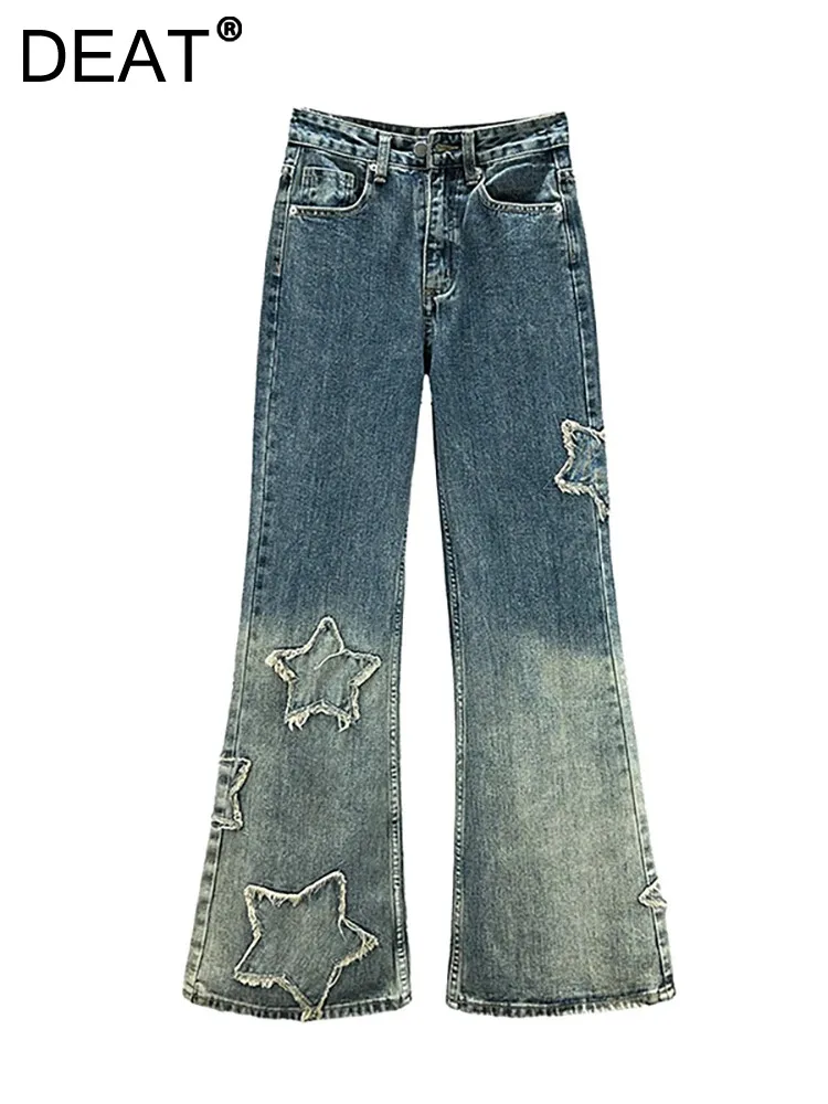 

DEAT Women's Jeans High Waist Stars Patch Design Burrs Patch Design Gradient Blue Denim Flare Trousers 2024 Spring New Fashion