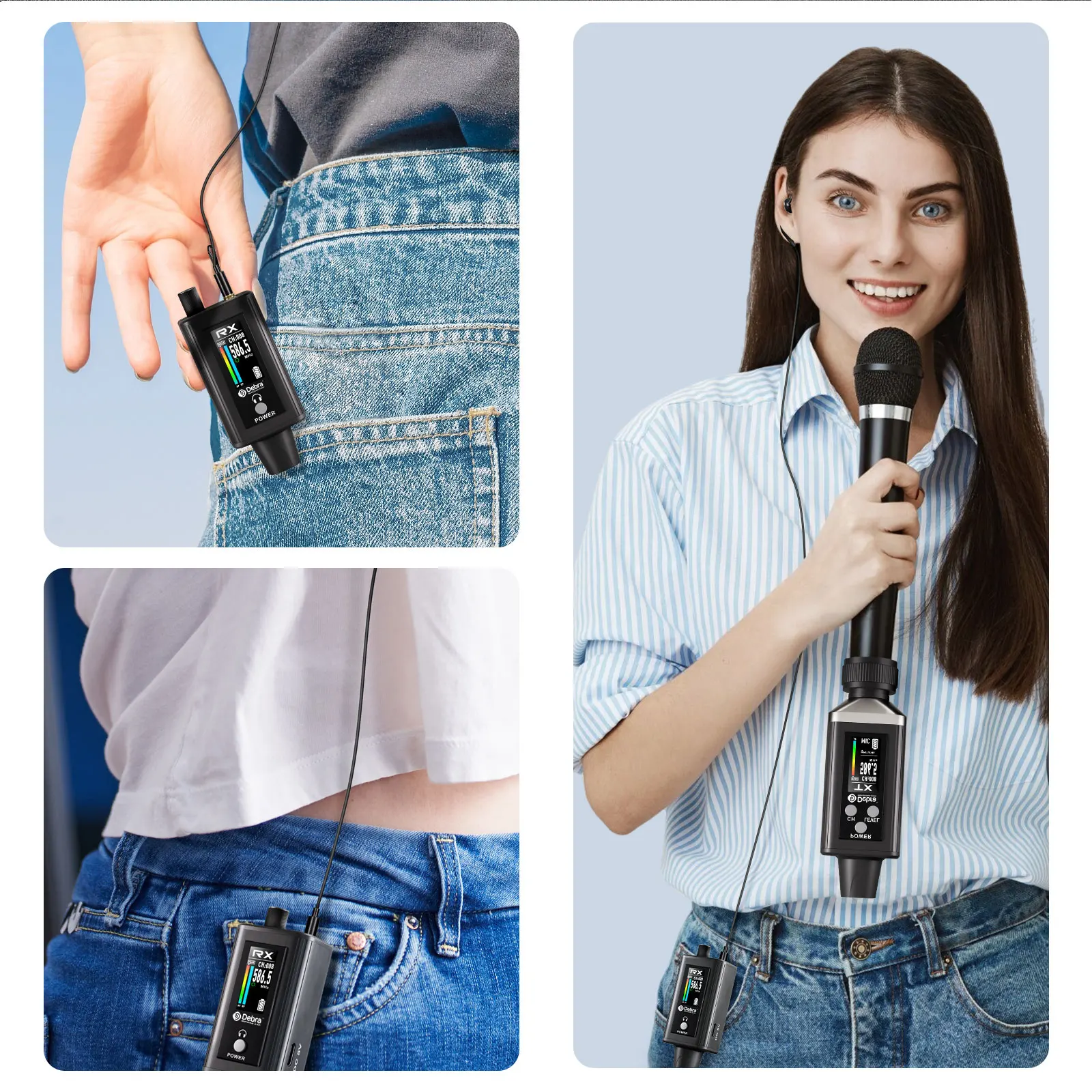 데브라 EMX-1 오디오 UHF 스테레오 IEM 무선 모니터링 시스템 휴대용 충전식, 화면에 16개의 조절 가능한 주파수 표시