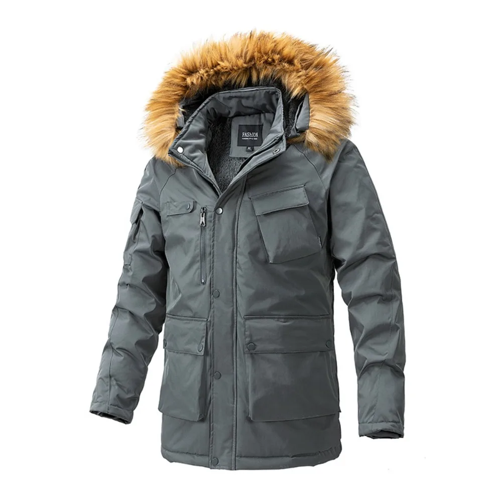Parka Jackets for Men with Multi-Pockets Outdoor Jackets Fur Collar Warm Autumn Winter Jackets Mid Long Fur Lined Coats Winter