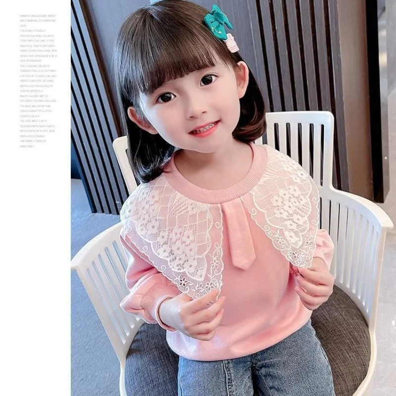 Child Girl T-shirt Long Sleeve Crew Neck Spring Autumn Casual Fashion All-match Solid Color Lace Comfortable Tops t shirt cotton t shirt kids t shirt