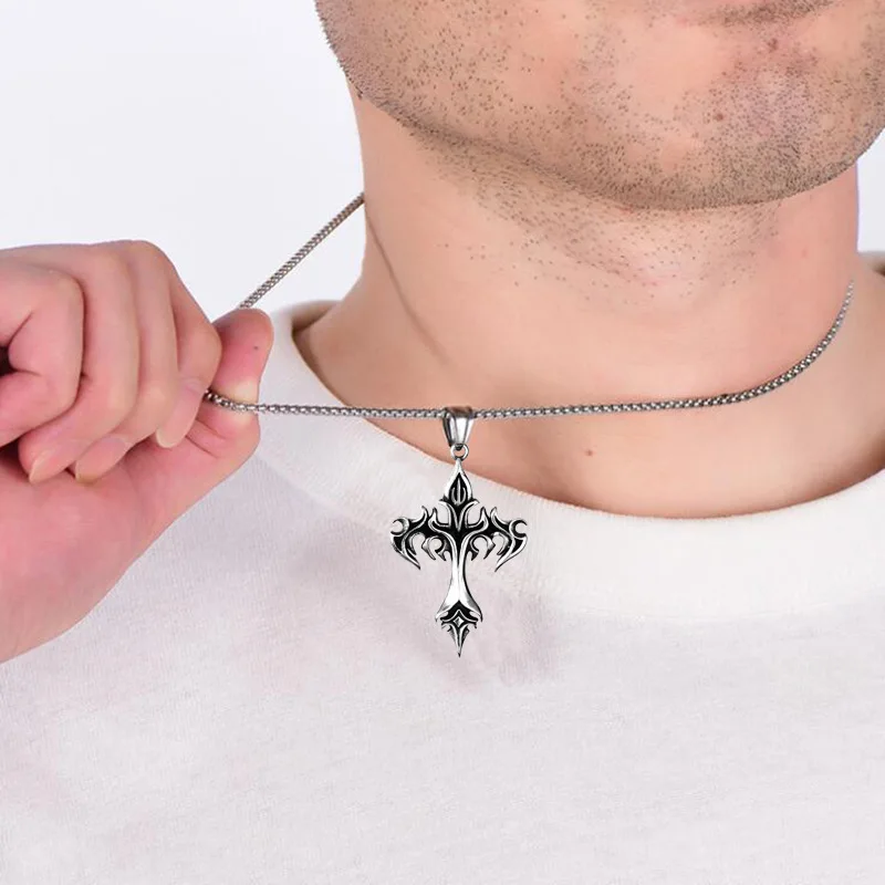 Cross Pendant Necklace Stainless Steel Flame Cross Pendant Goth Necklaces Gift for Women Men