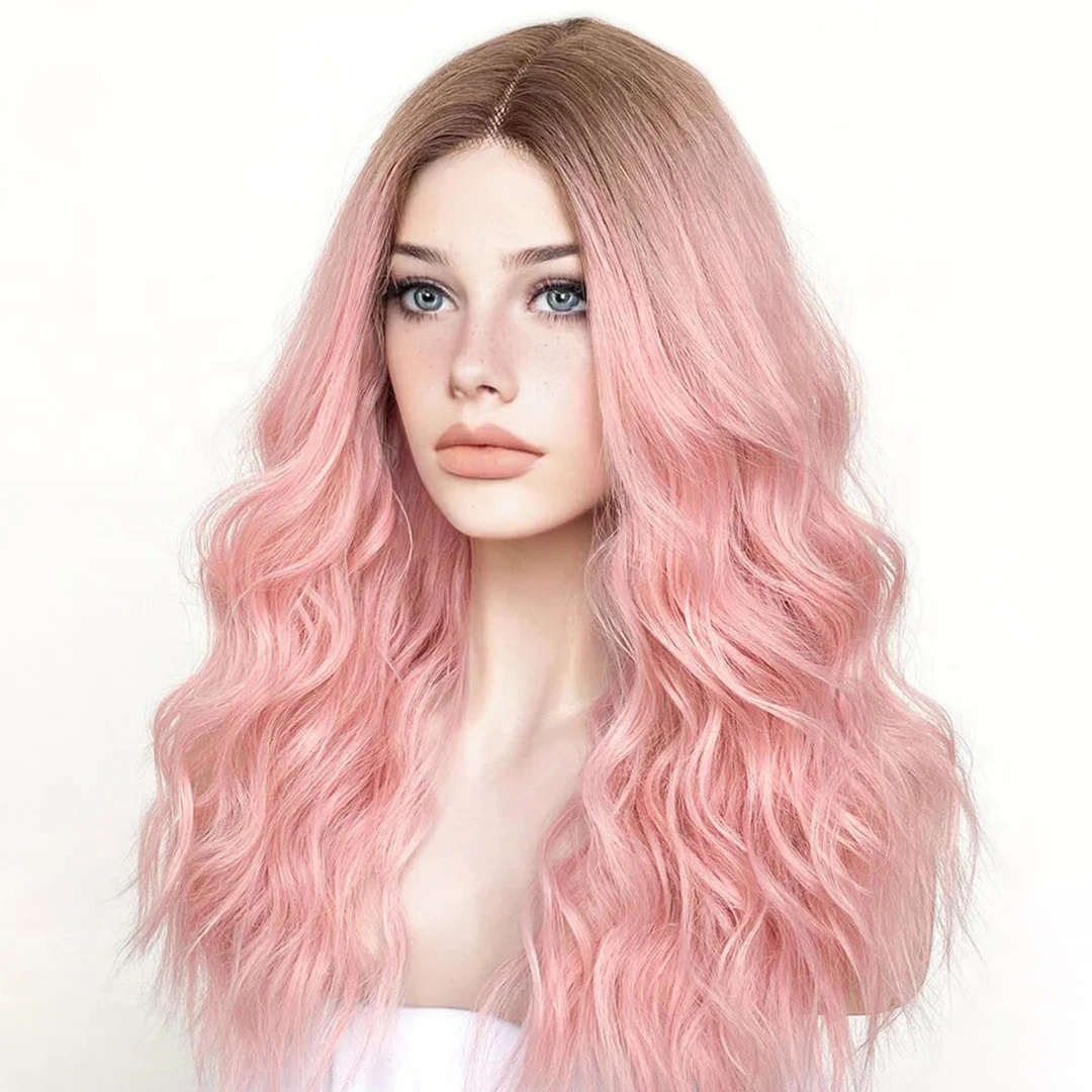 Ombre Brown Roots Pink Blonde Synthetic Hair Wigs Glueless 13x4 Transparent Lace Front Wigs for Women Easy Wear
