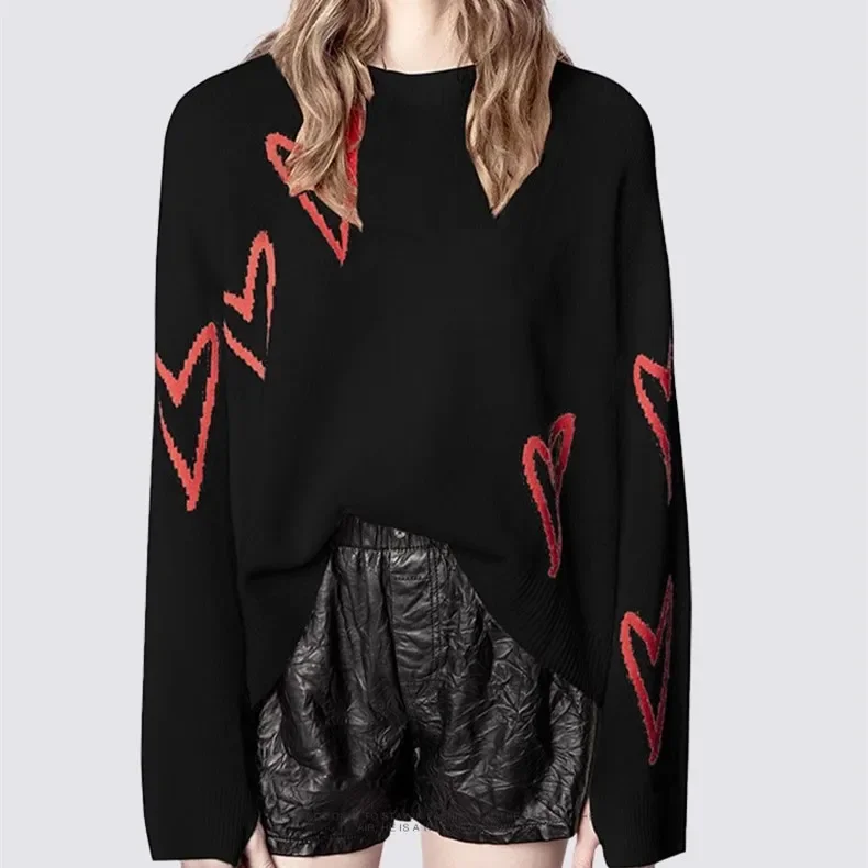 

O-Neck Cashmere Sweater For Women's Heart Jacquard Fall Winter Casual Long Sleeve Jumper