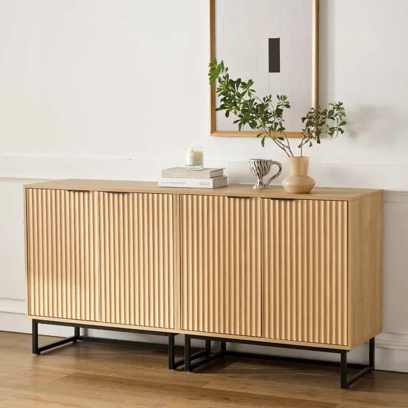 Fluted Storage Cabinet Set of 2, Sideboard Buffet Cabinet Modern Accent with Adjustable Shelves, Credenza, Console Table