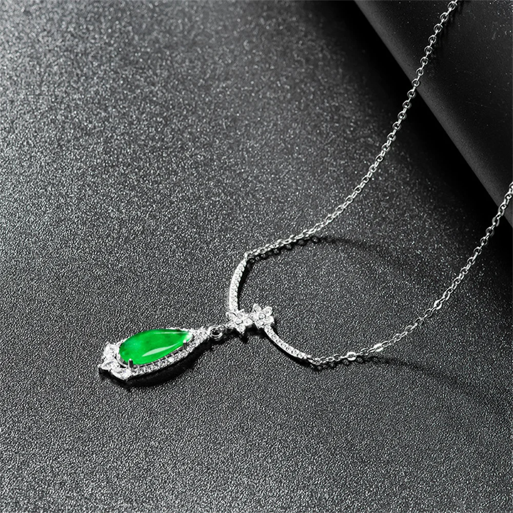 

925 Silver Natural Green Jadeite Charm Water Drop Lucky Pendant S925 Amulet Necklace Certificate Luxury Jade Vintage Jewelry