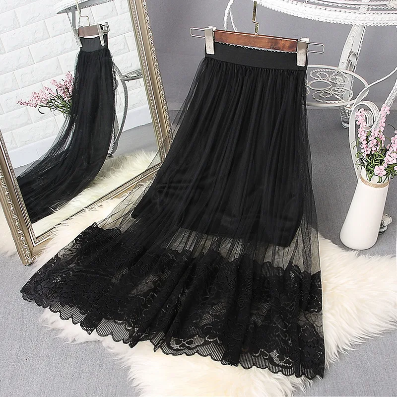 Bonjean Large Size Summer A Line Skirt Women New Lace Girl High Waist Slim Long Skirts Young Female Falda