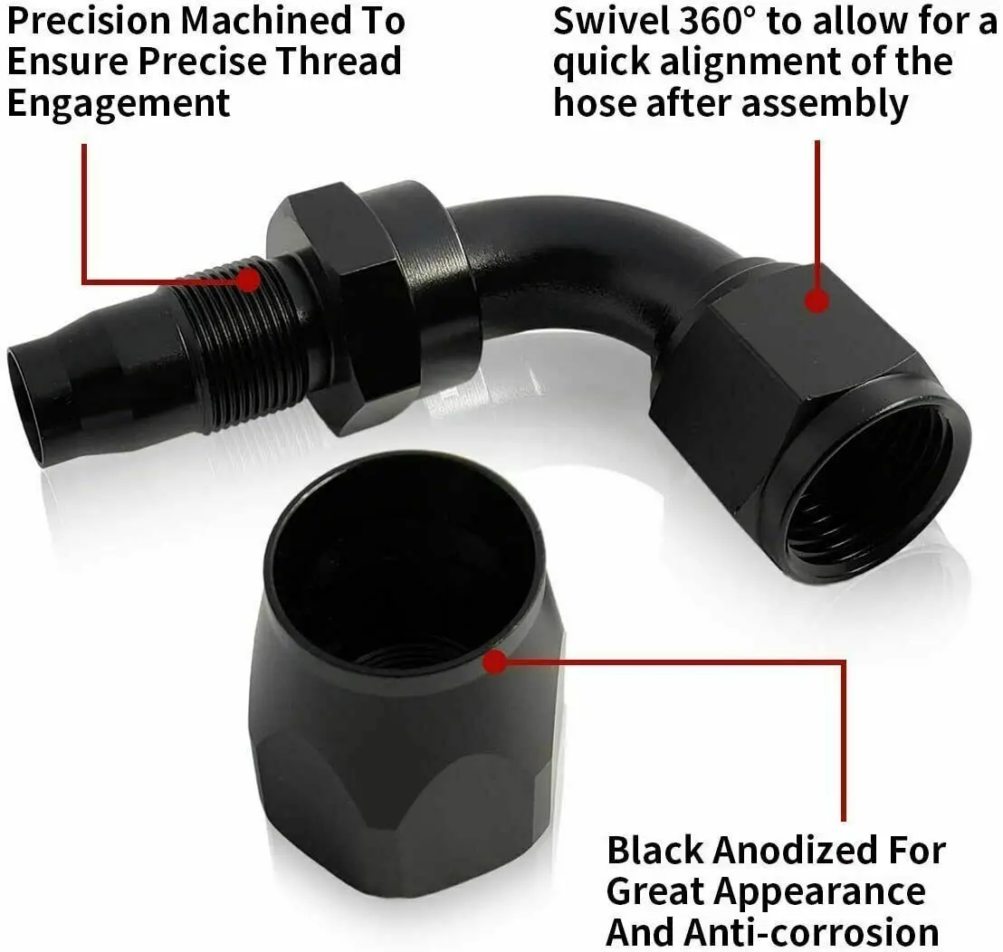 1 Piece Black AN4 AN6 AN8 Straight 45 60 90 120 150 180 Degree Oil Fuel Swivel Hose End Fitting Oil Hose End Adaptor Kit Oil Line Fitting Adapter Aluminum Hose Fitting
