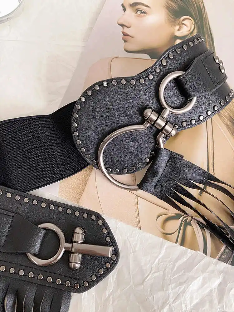 Euro-American punk style long tassel waist cincher women's individuality matching skirt wide waist belt subculture design sense womens dress belt pearl waist belt