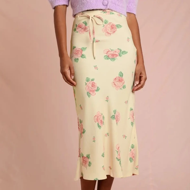 

Printed High Waist Long Jupe 100% Viscose Ladies Elegant Lace Up Slim Ruffle Midi Skirt Summer Vacation Streetwear