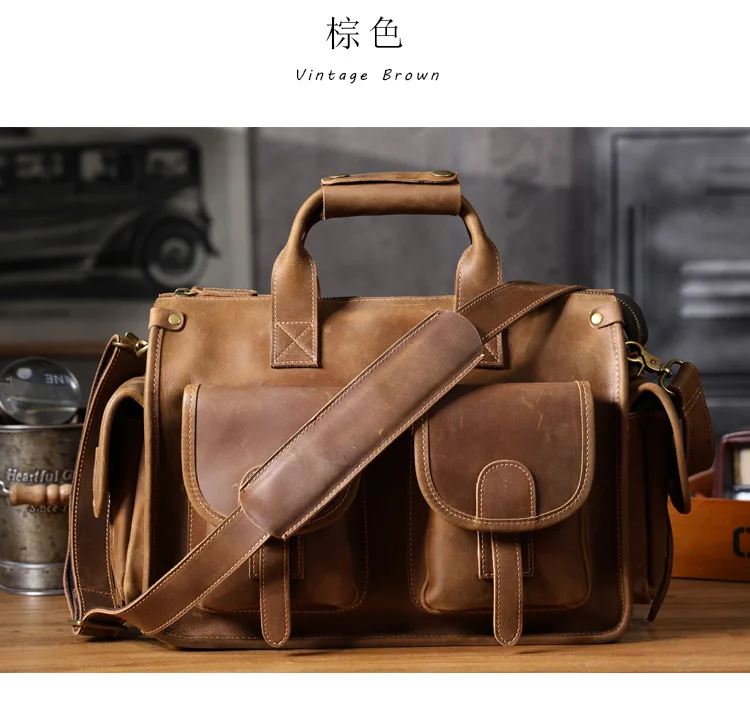 Vintage handgefertigte Herren-Aktentasche aus Crazy-Horse-Rindsleder mit mehreren Taschen, luxuriöse Business-Handtasche aus echtem Leder mit großem Fassungsvermögen für Laptops. – Detail 25