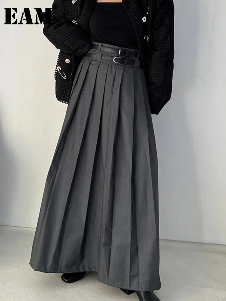 

[EAM] High Waist Gray Pleated Belted Long Elegant Half-body Skirt Loose Fit Women Fashion Tide New Spring Autumn 2024 1DF3883