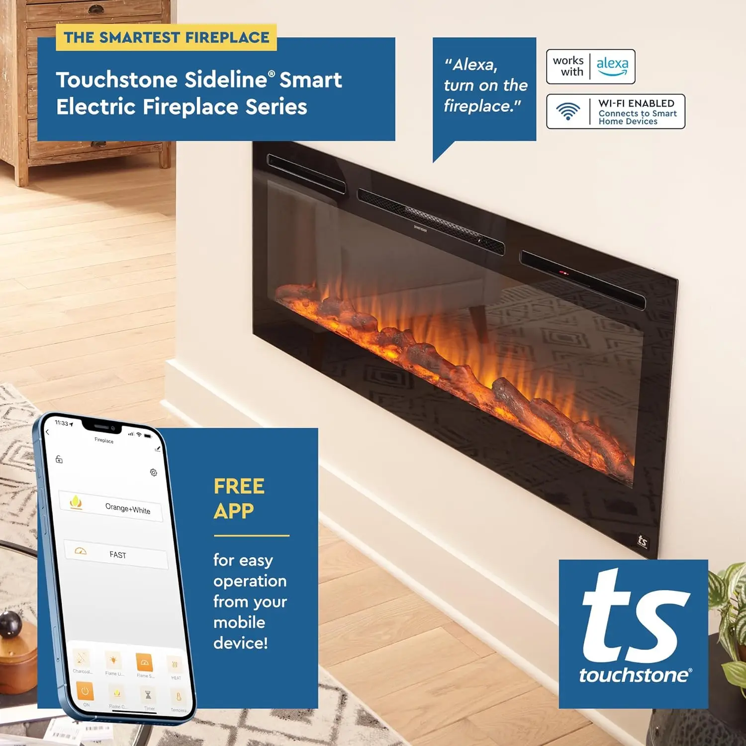 Smart Electric Fireplace - Border 50 "wide Wall Recessed 30 Realistic EmberColorsFlame Options 1500w Heater W/Thermostat - Black 5