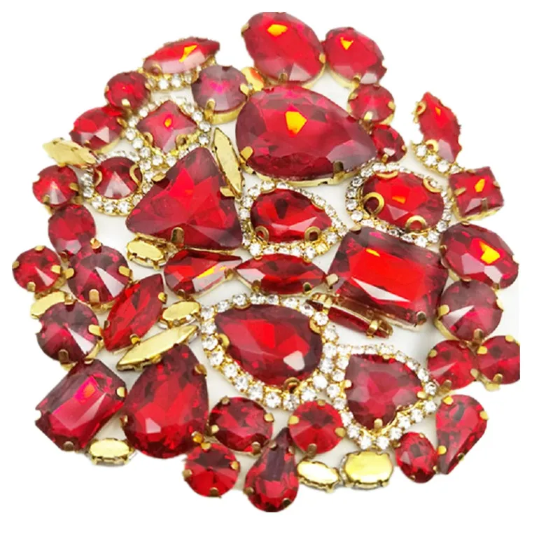 Sew On Rhinestones 22 Color 50pcs/Bag Glitter Mixed Shape Sew on Glass Rhinestone Gold Claw Crystal Buckle Diy Wedding Decoration Accessories