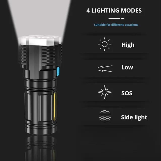 High Power LED Flashlights Camping Torch With 4 Lamp Beads And COB Side Light Rechargeable Portable Hand Lantern 4 Lighting Mode 5