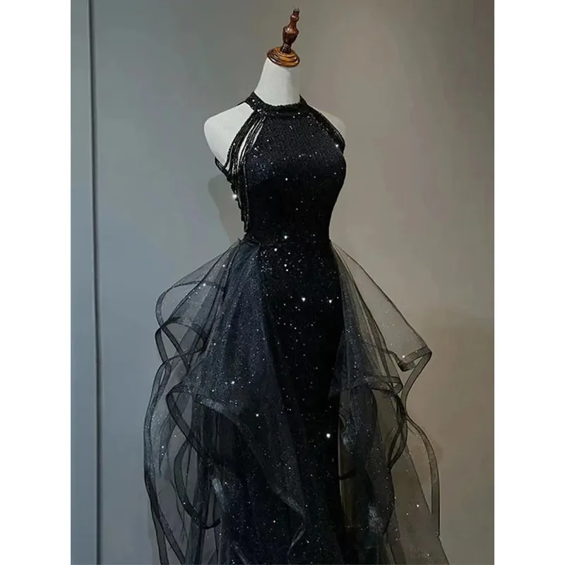 Women Evening Party Long Summer Vintage Mesh Floor-Length Sleeveless Black Dress Trumpet Sexy Mermaid Vestido Banquet Elegant