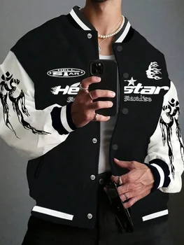 Men's Star & Women's Printed Varsity Jacket Casual Long Sleeve Baseball Collar Jacket 1