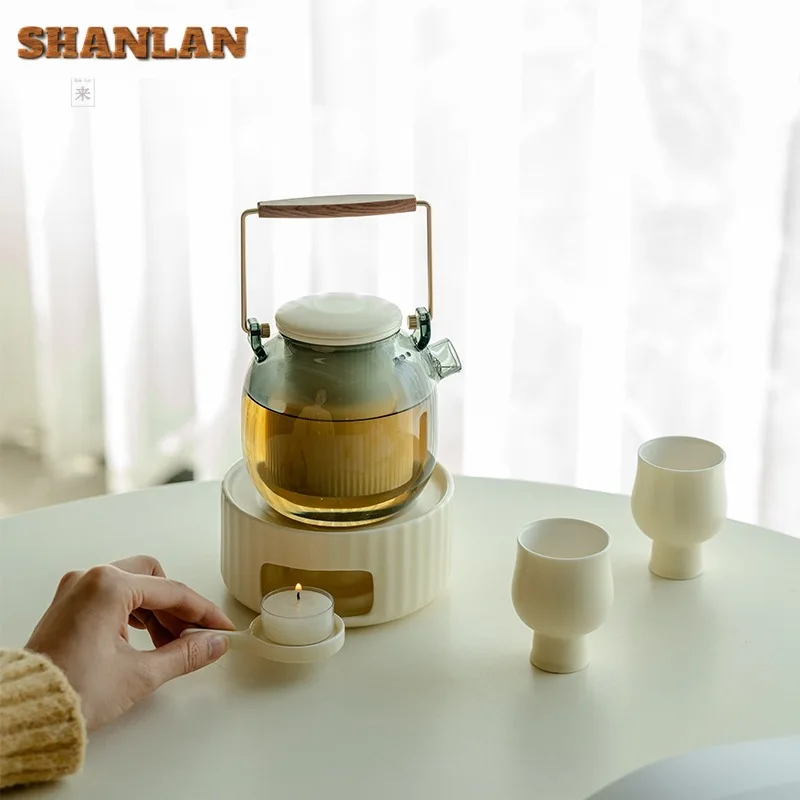 Milk Yellow One Pot Two Cups Candle Warm Tea Stove Set Chinese Ceramic Heating Tea Base Thickened Glass Cooking Kettle Gift Box