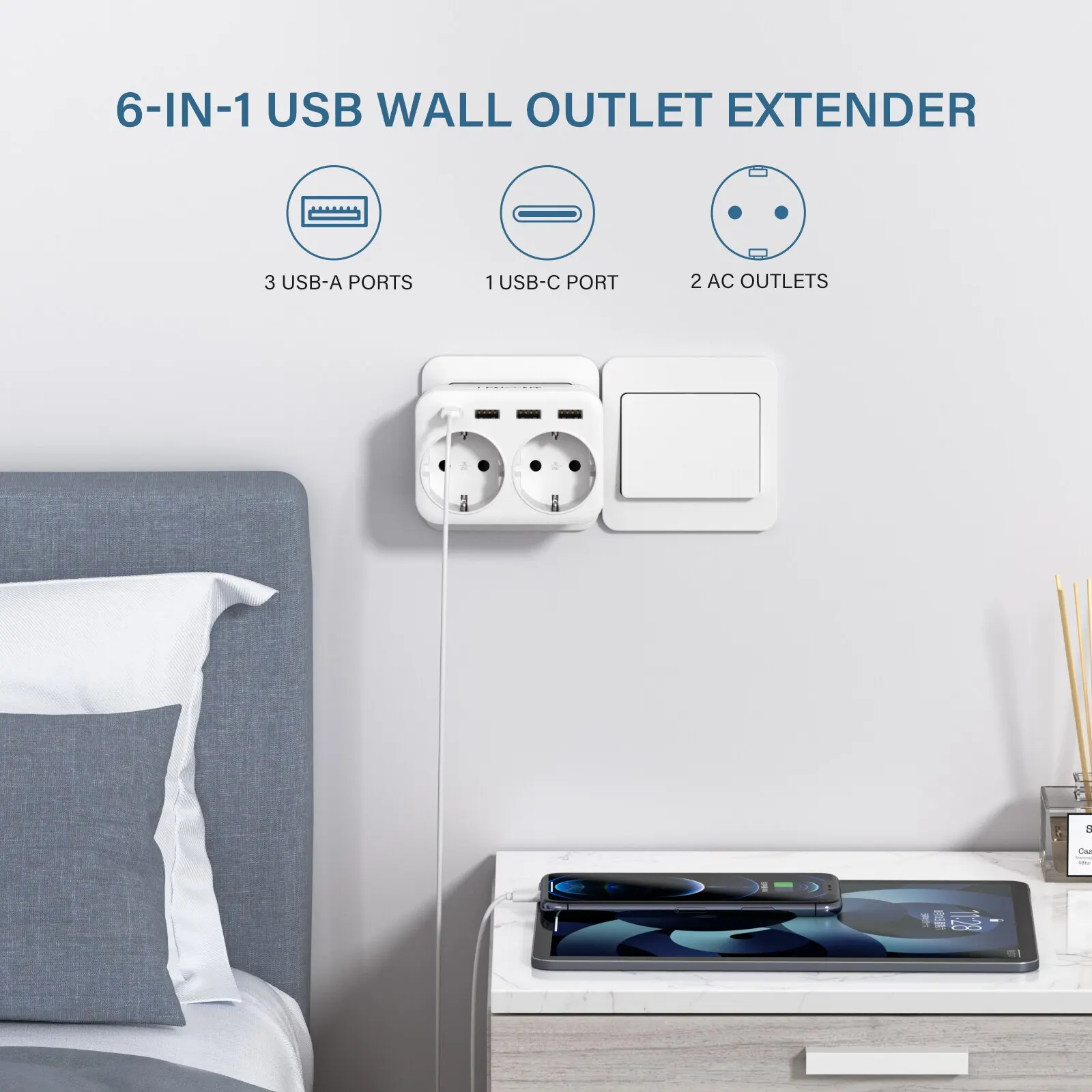 LENCEN EU Wall Socket Extender with 2AC Outlets 3 USB and 1 Type 5V 2.4A Power Charger Adapter Overload Protection for Home/Offi BEST SELLERS