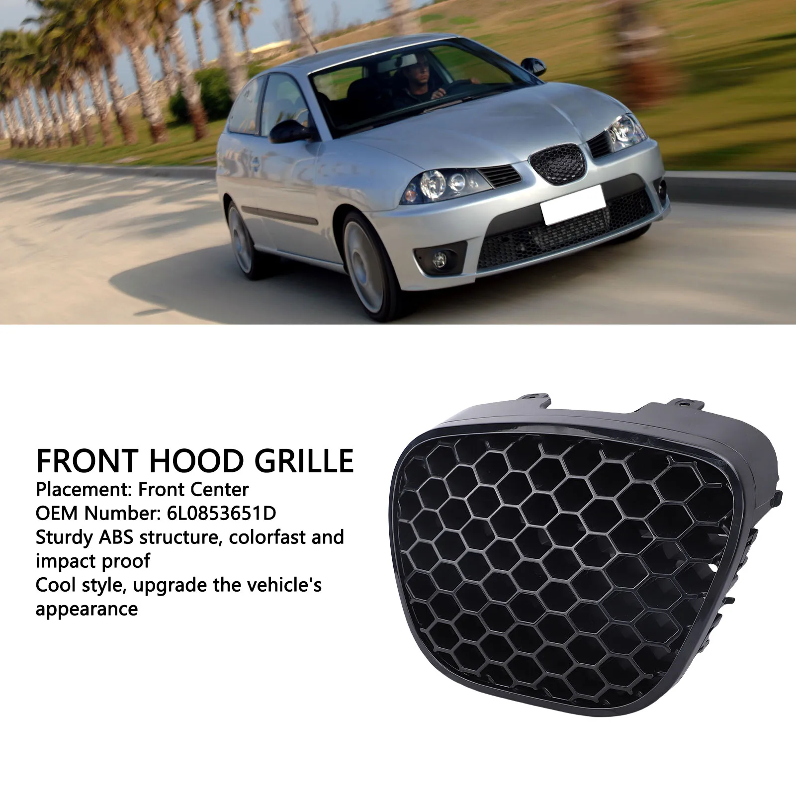 Front Hood Grille 6L0853651D Front Bumper Mesh Upper Center Grill Replacement for SEAT Cordoba Type 6L 2002-2009