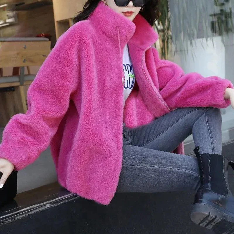 2024 Winter Stand Collar Two Sided Velvet Thick Warm Faux Fur Coat Ladies Casual Fashion All-match Outwear Women Cardigan Jacket