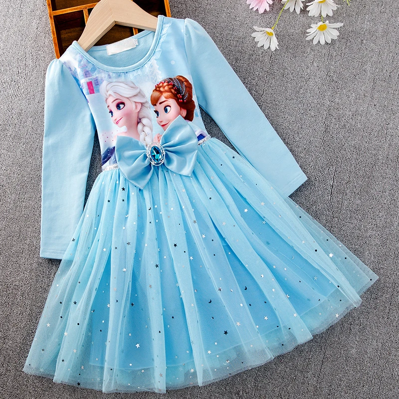 

Girl One Piece Dresses Frozen Dress for Girl Child's Party Girl Bluey Disney Princesses Tulle Dresses with Long Sleeves